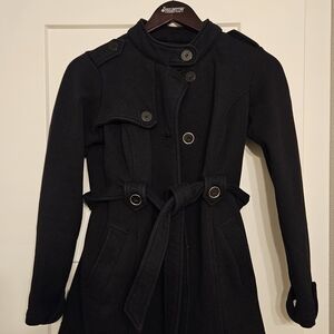 Motherhood Maternity Black Lightweight Winter Coat Waist Belted Tie Button Up Wo